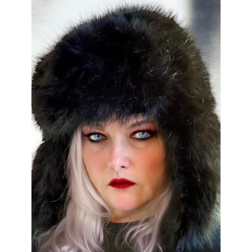 Black Faux Fur Trapper Hat Ushanka with Pom Poms Winter Ear Flap Cap